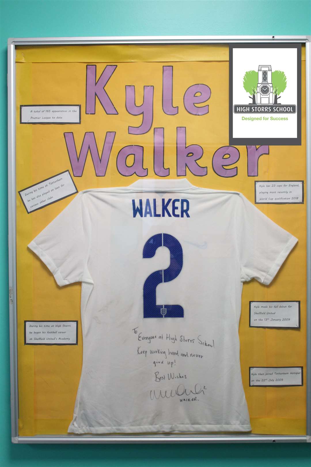 Kyle Walker’s shirt on display at High Storrs School, Sheffield (High Storrs School/PA)