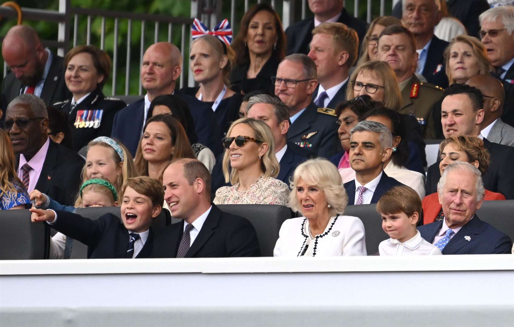 The royal family in the front row of the royal box at the Platinum Jubilee Pageant in front of Buckingham Palace (Leon Neal/PA)