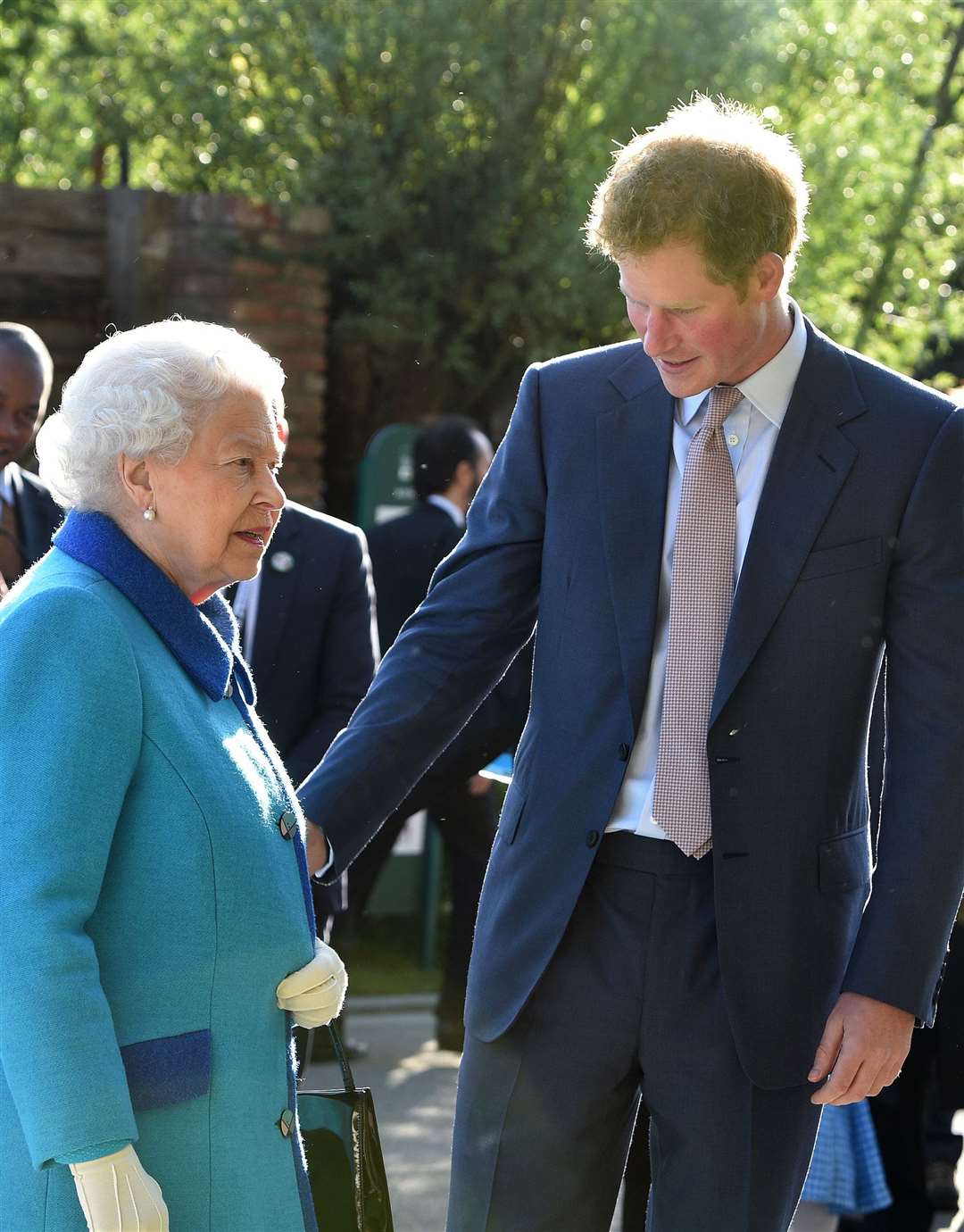 Queen Elizabeth II greets her grandson Prince Harry at Chelsea Flower Show in 2015 (Julian Simmonds/The Daily Telegraph/PA)