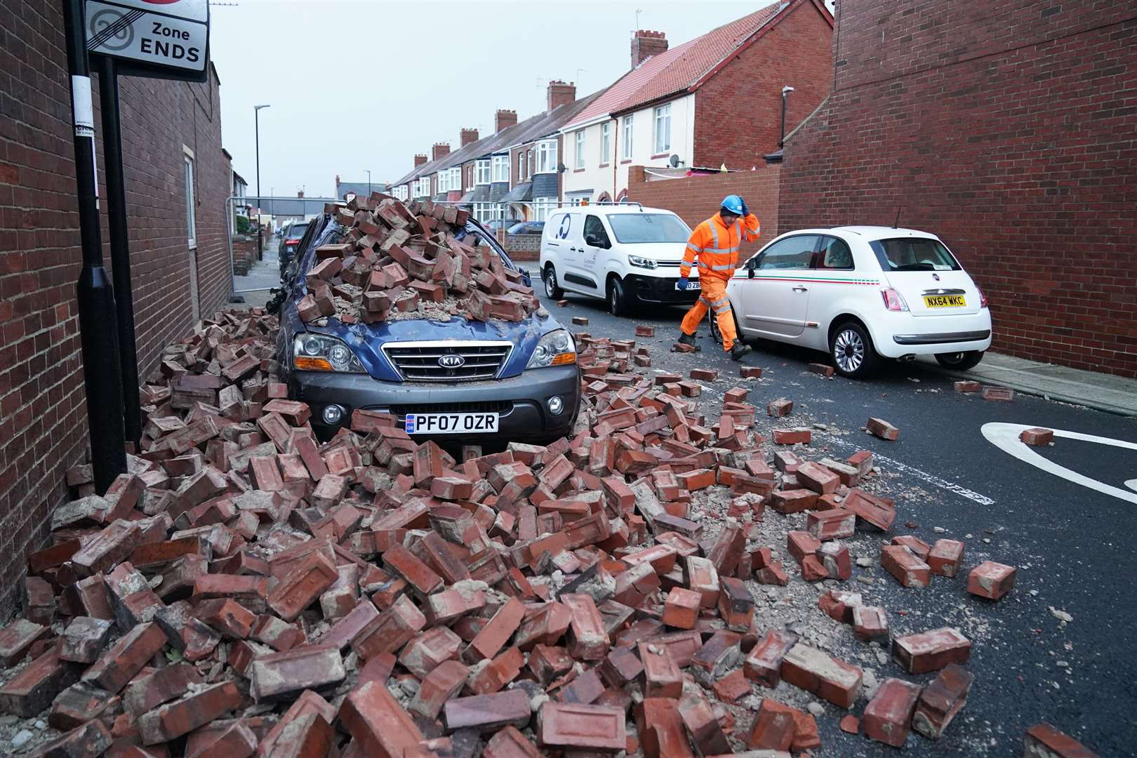 Fallen masonry from a property in Roker, Sunderland, after Storm Arwen in 2021 (Owen Humphreys/PA)