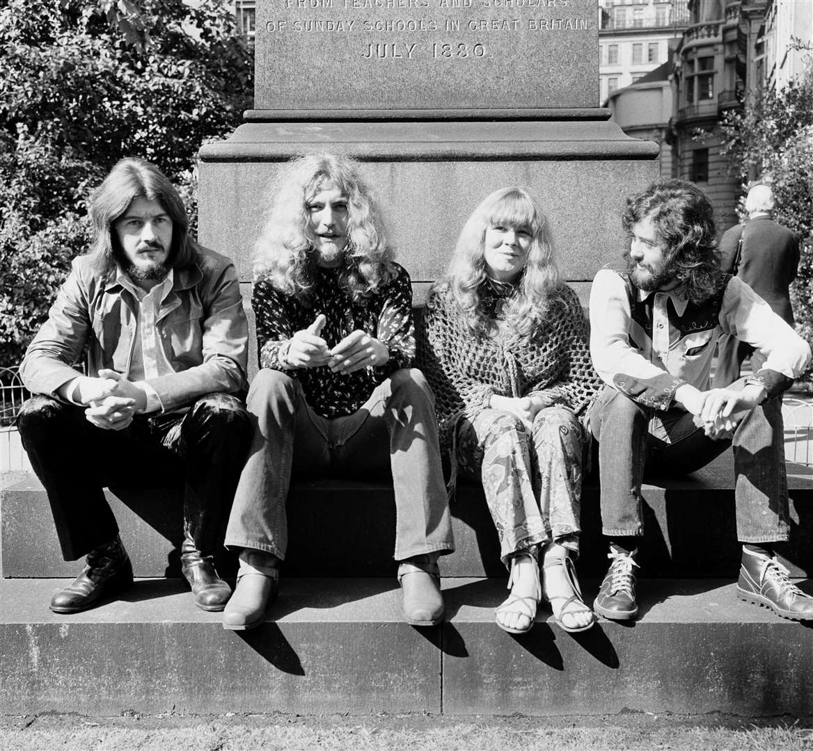 Members of Led Zeppelin John Bonham, Robert Plant and Jimmy Page, alongside singer-songwriter Sandy Denny following the Melody Maker Pop Poll in London in 1970 (PA)