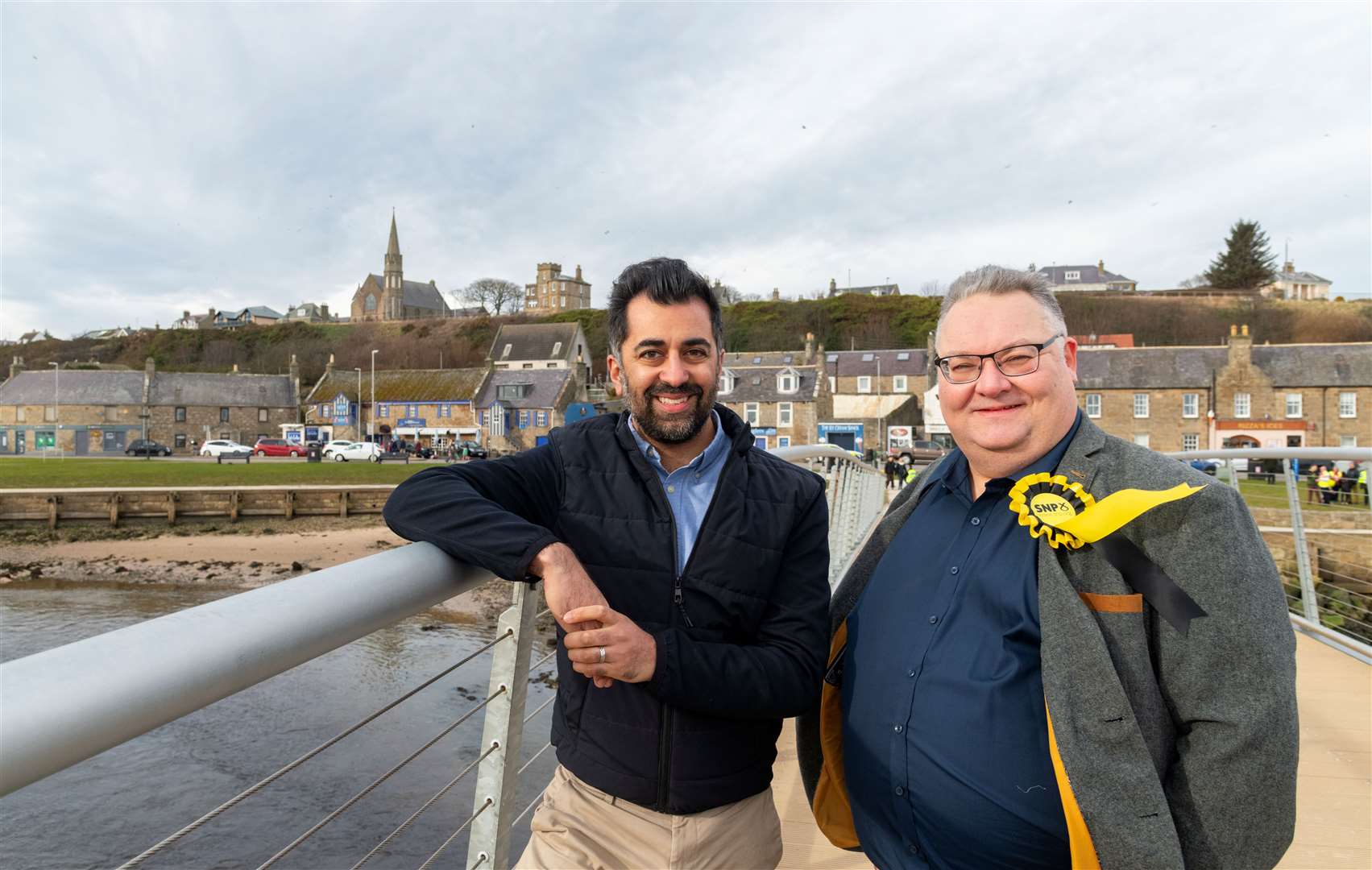 First Minister of Scotland, Humza Yousaf and Councillor Graham Leadbitter at the East Beach in Lossiemouth...Picture: Beth Taylor.