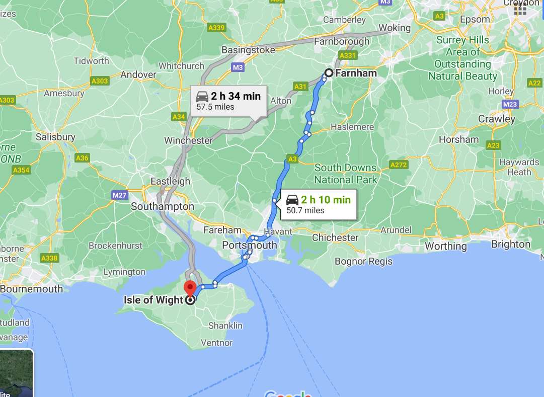 Screengrab of the 100-mile round trip key worker Martin Baker was forced to take for a coronavirus test on the Isle of Wight (Google Maps/PA)