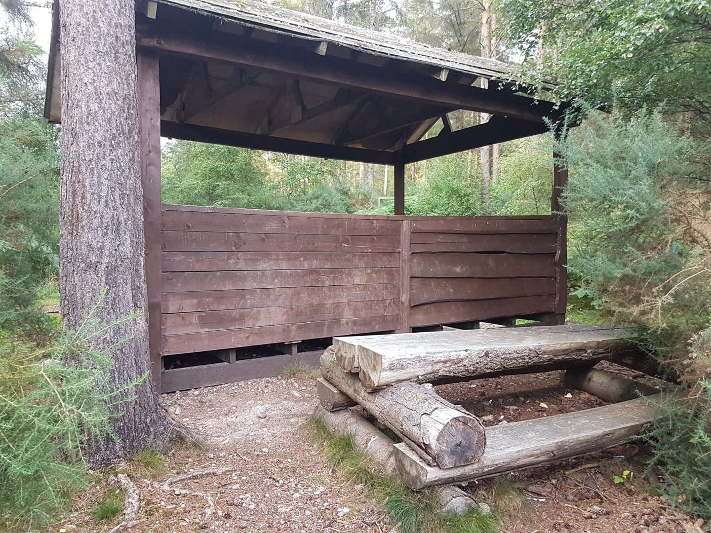 A picnic table around the back of the hut.