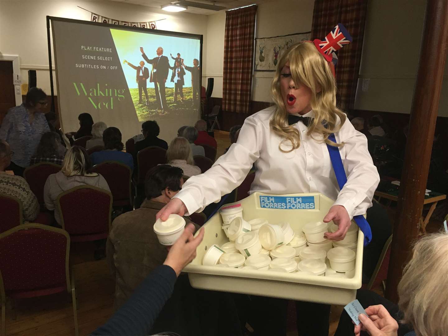 Emma Salt Harrison serving ice cream at Rafford Village Hall Film Forres Mobile Event.