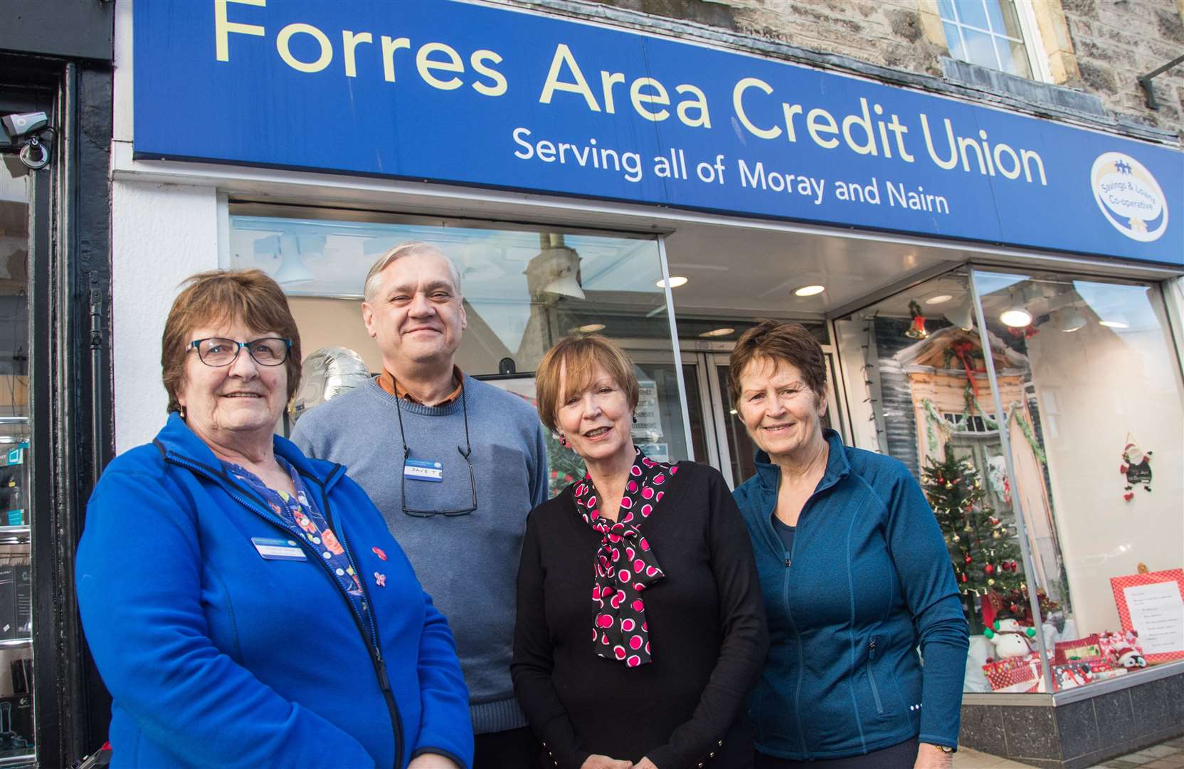 Volunteers Heather Shaw, Dave Thompson, Maggie Bell and Lorna Creswell at Forres Area Credit Union.
