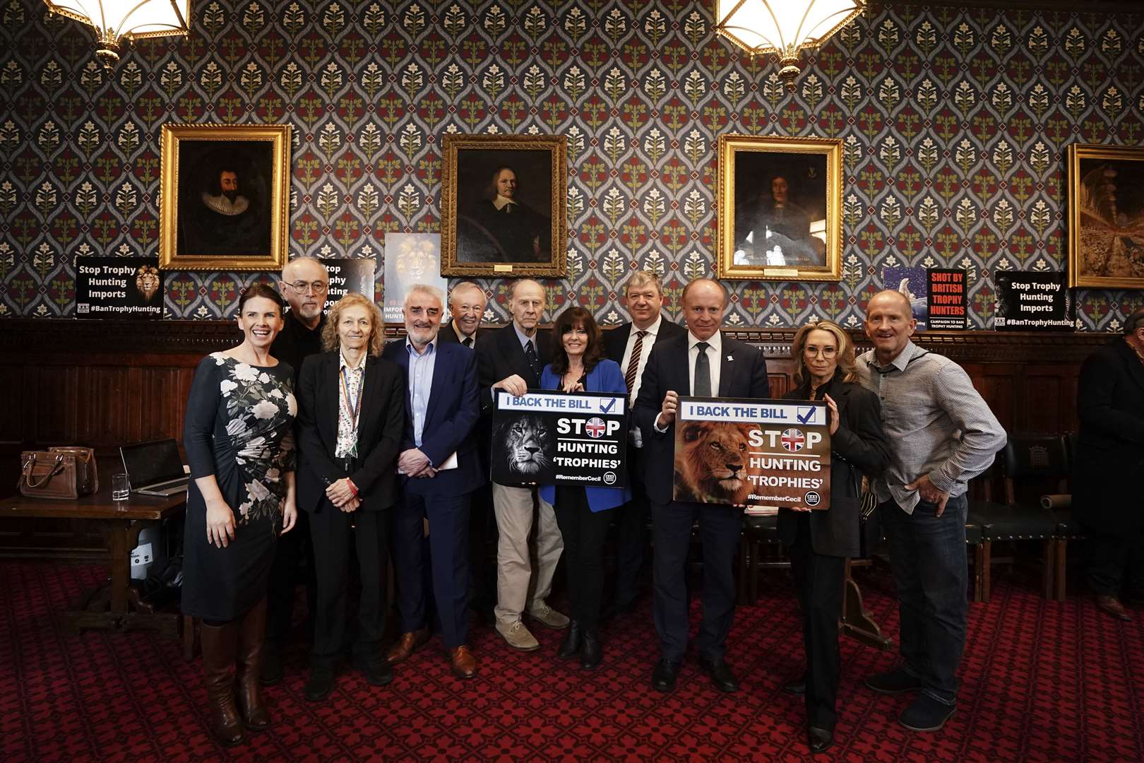 Actor Peter Egan (second from left) Sir Ranulph Fiennes and actress Vicki Michelle (both centre) and Eddie the Eagle (right) with MPs (Jordan Pettitt/PA)