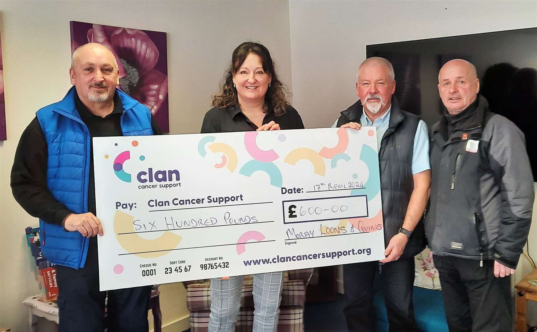 Left to right: Ian Smith, Billy Floydd and Mark Ross hand over cheques to Clan Cancer Support's Julie Ferguson.