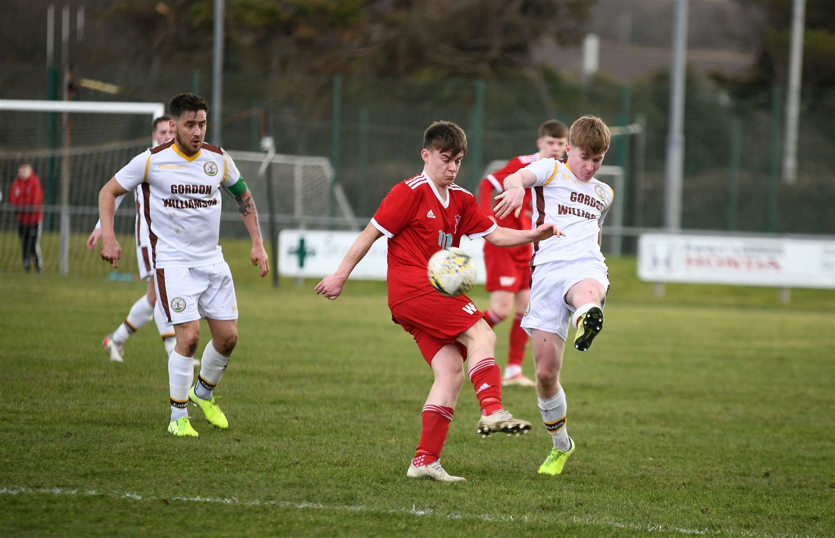 Joe Gauld (right) in action during Mechanics 1-1 draw at Deveronvale. Picture: Becky Saunderson