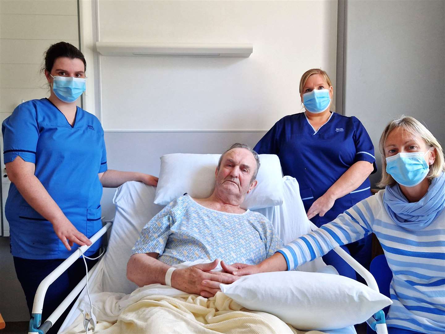 Ehlana Mackenzie (staff nurse), David Forbes (One of the first patients in the new ward), Helen Balmer (senior charge nurse) and Sarah Cotke (David's daughter).