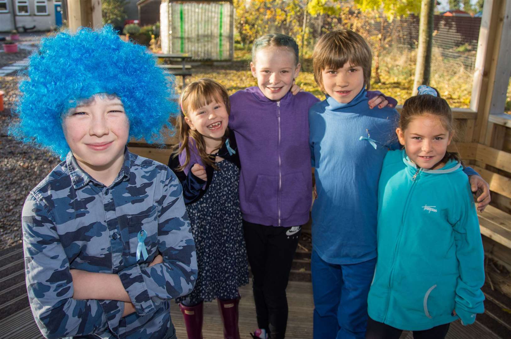 Alves primary pupils from left Finlay McConnachie, Izzy Blackman, Molly Russell, Fionn Ralph and Layla Rodriguez presented a dyslexia presentation to the school...All pupils also dressed in blue for Dyslexia Awareness Week...Picture: Becky Saunderson...