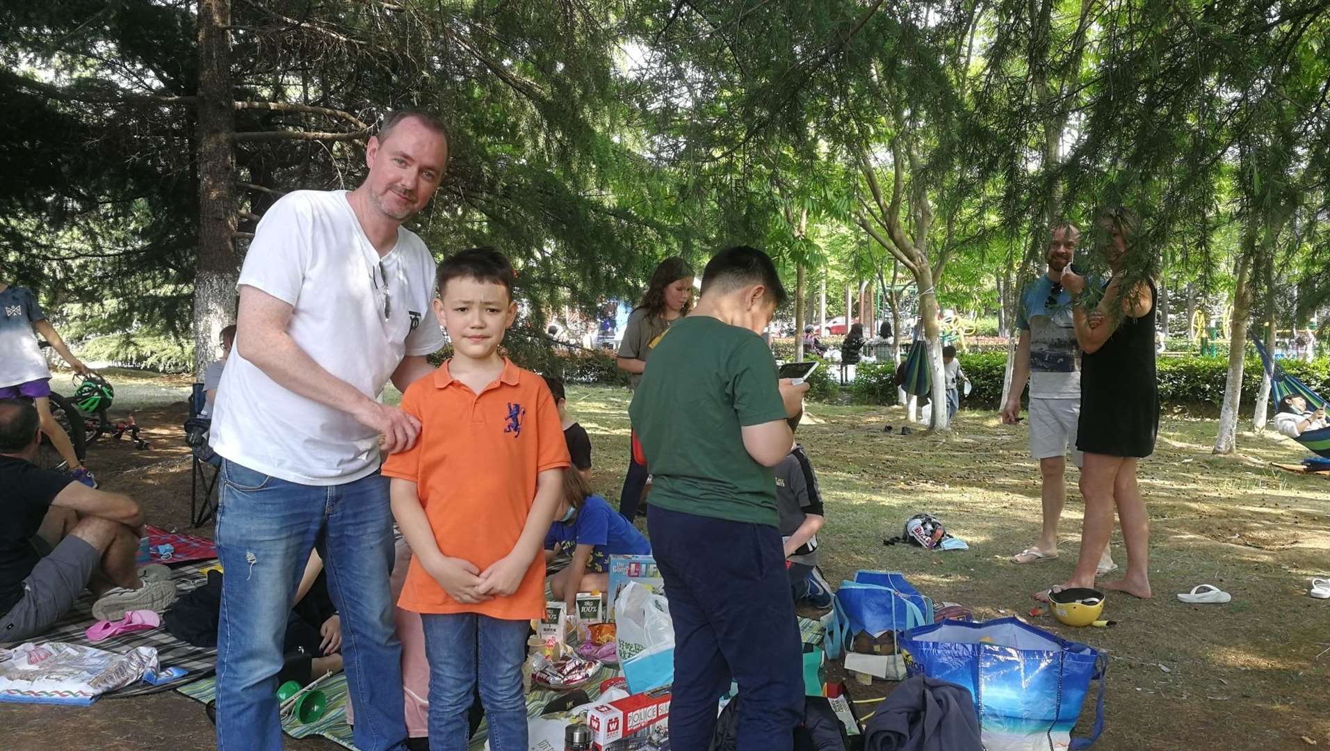 Kevin at his son Connor's 10th birthday party in a Suzhou park on Sunday. They were joined by around 12 children and eight adults.