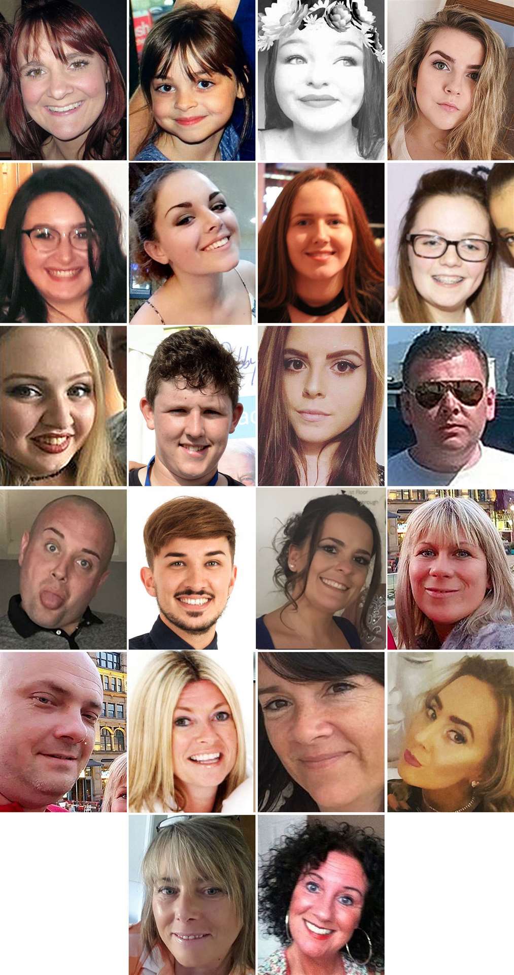 The 22 victims of the Manchester Arena attack. (Top row, left to right) Elaine McIver, Saffie Roussos, Sorrell Leczkowski, Eilidh MacLeod; (second row) Nell Jones, Olivia Campbell-Hardy, Megan Hurley, Georgina Callander; (third row), Chloe Rutherford, Liam Curry, Courtney Boyle, Philip Tron; (fourth row) John Atkinson, Martyn Hett, Kelly Brewster, Angelika Klis; (fifth row) Marcin Klis, Michelle Kiss, Alison Howe, Lisa Lees; (sixth row) Wendy Fawell and Jane Tweddle (Greater Manchester Police/PA)