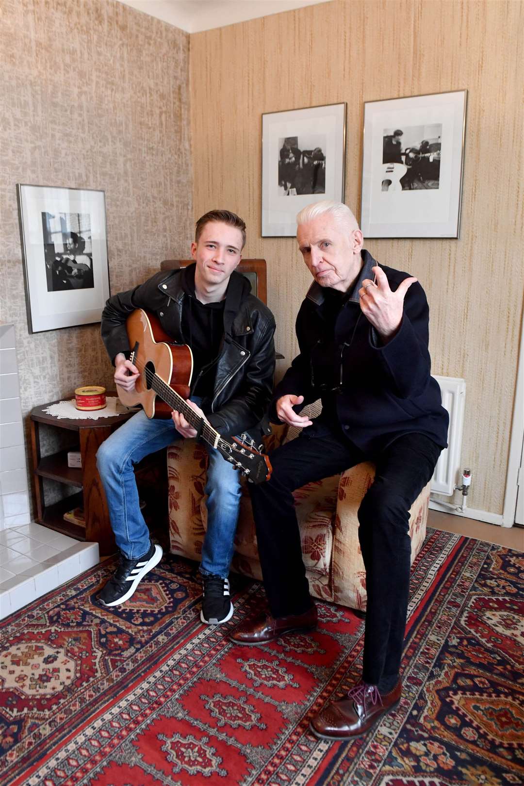 Mike McCartney, brother of Sir Paul McCartney, and musician, Louis Atherton, inside 20 Forthlin Road in Liverpool (Anthony Devlin/PA)