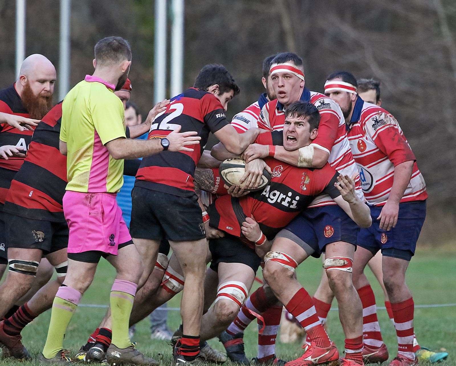 Aberdeenshire driving. Alex Matthews with high tackle. Picture: John MacGregor