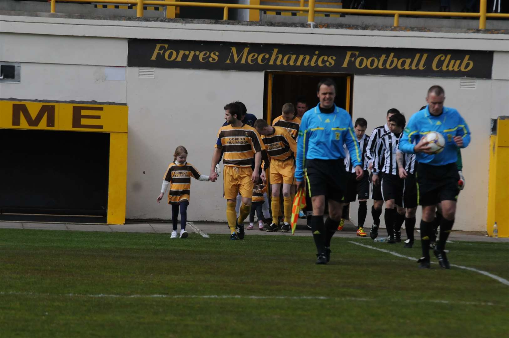 The players take to the pitch for Forres' big match at home to Fraserburgh. Picture: Eric Cormack