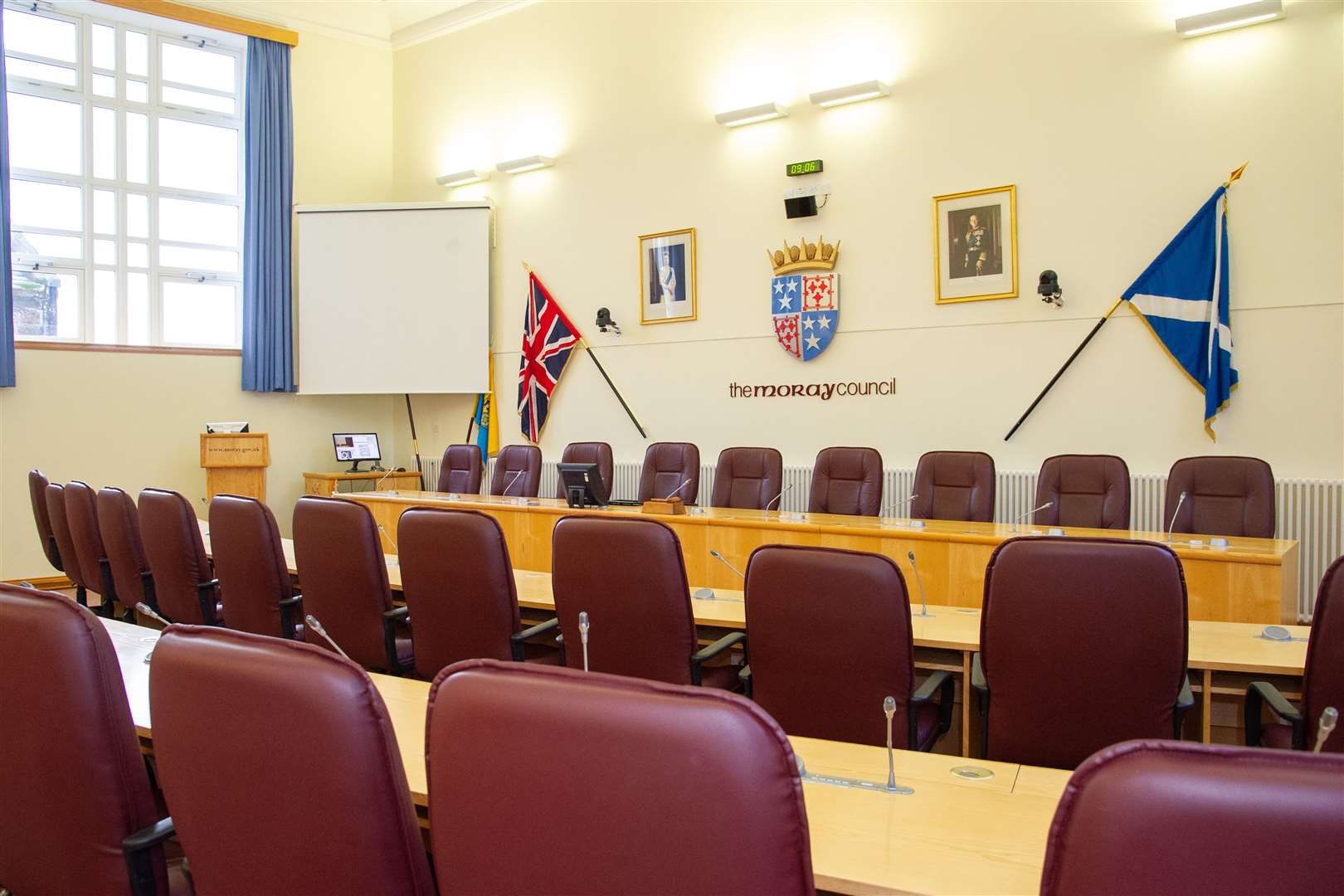 Moray Council's debating chamber has been refitted with a new sound system to allow hybrid meetings.