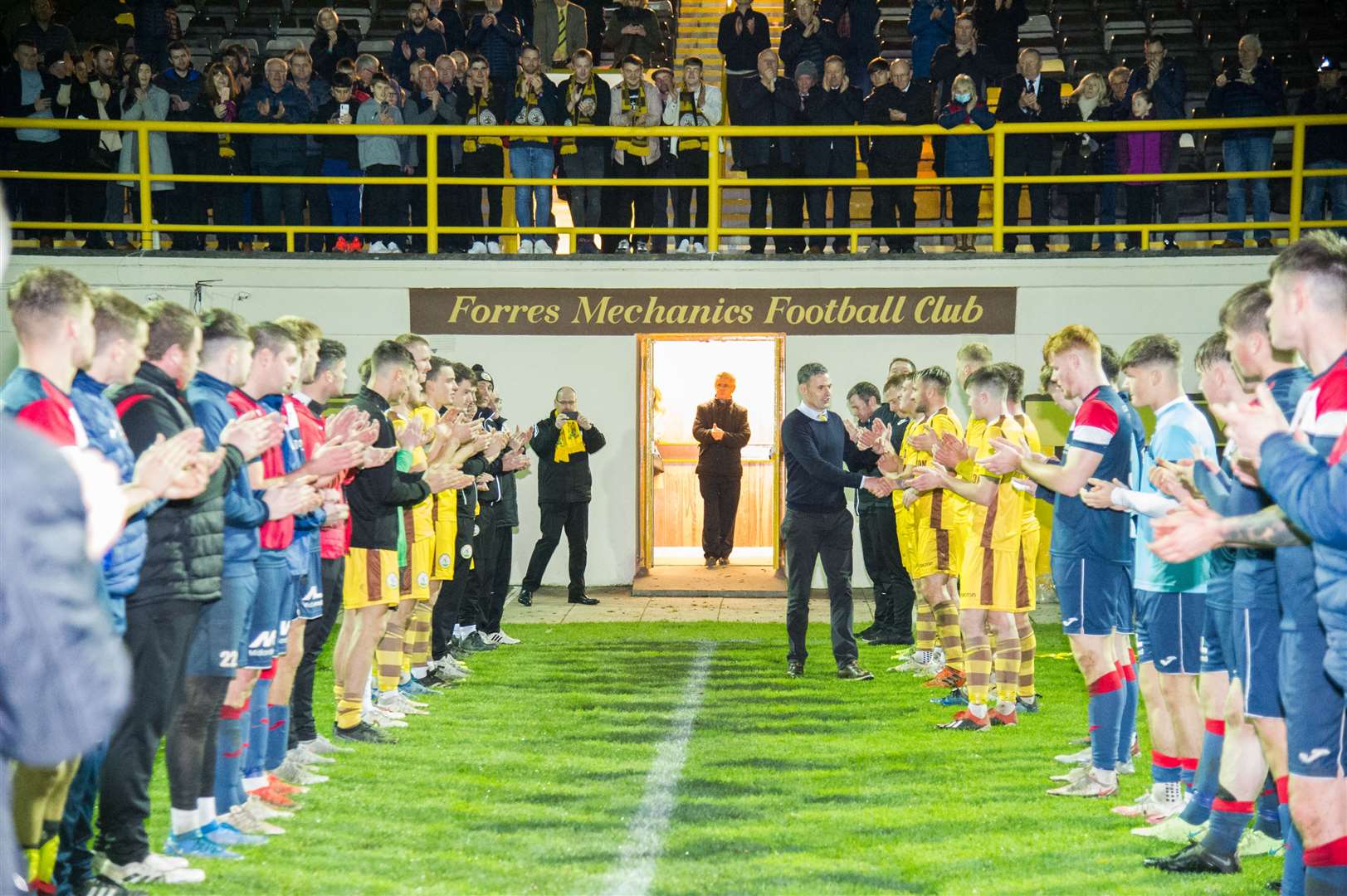Charlie Rowley thanks the players during his guard of honour. Forres Mechanics v Turriff United at Mosset Park...Picture: Becky Saunderson..