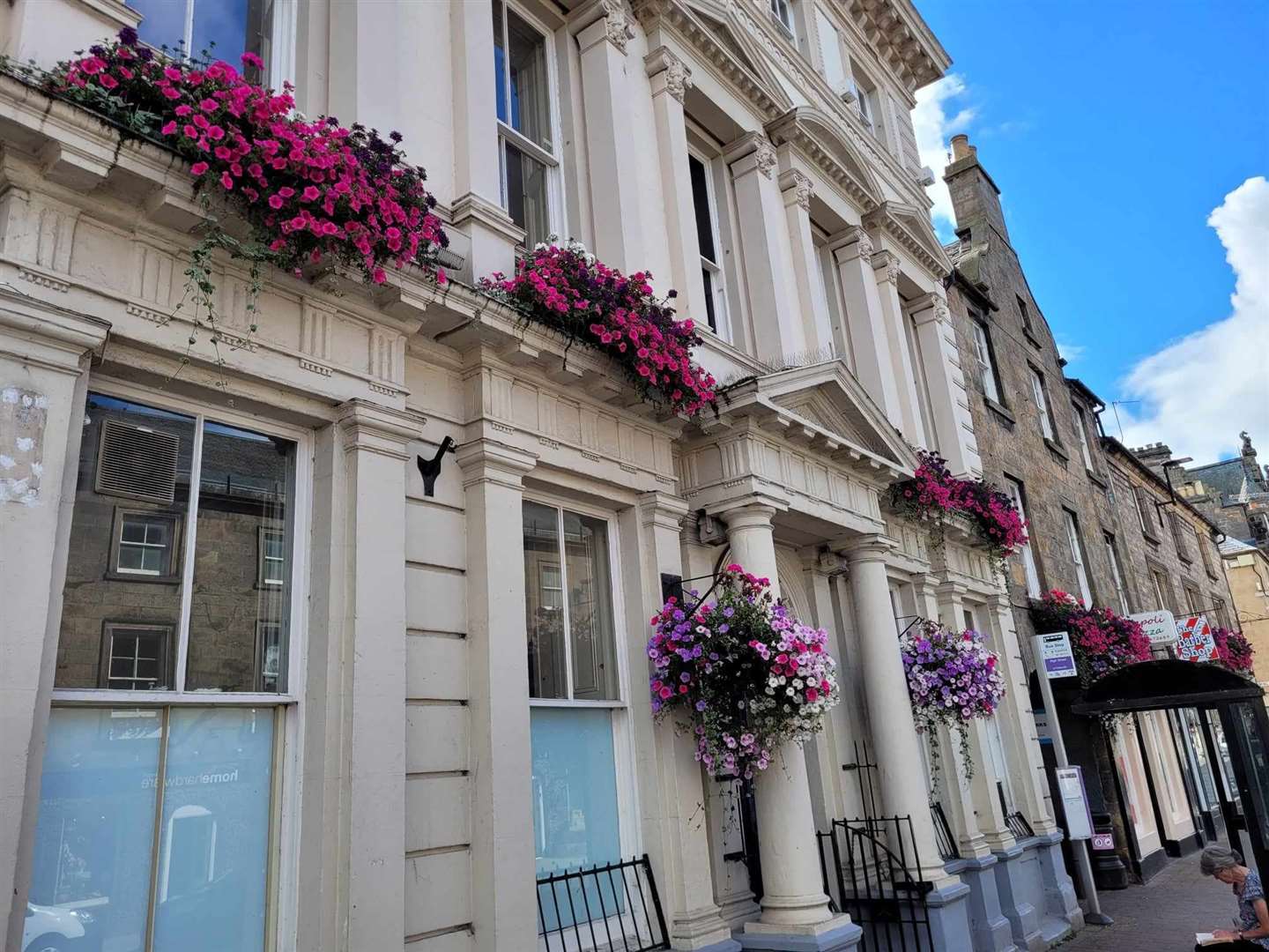 The former bank at 102 High Street decorated by Forres In Bloom this summer.