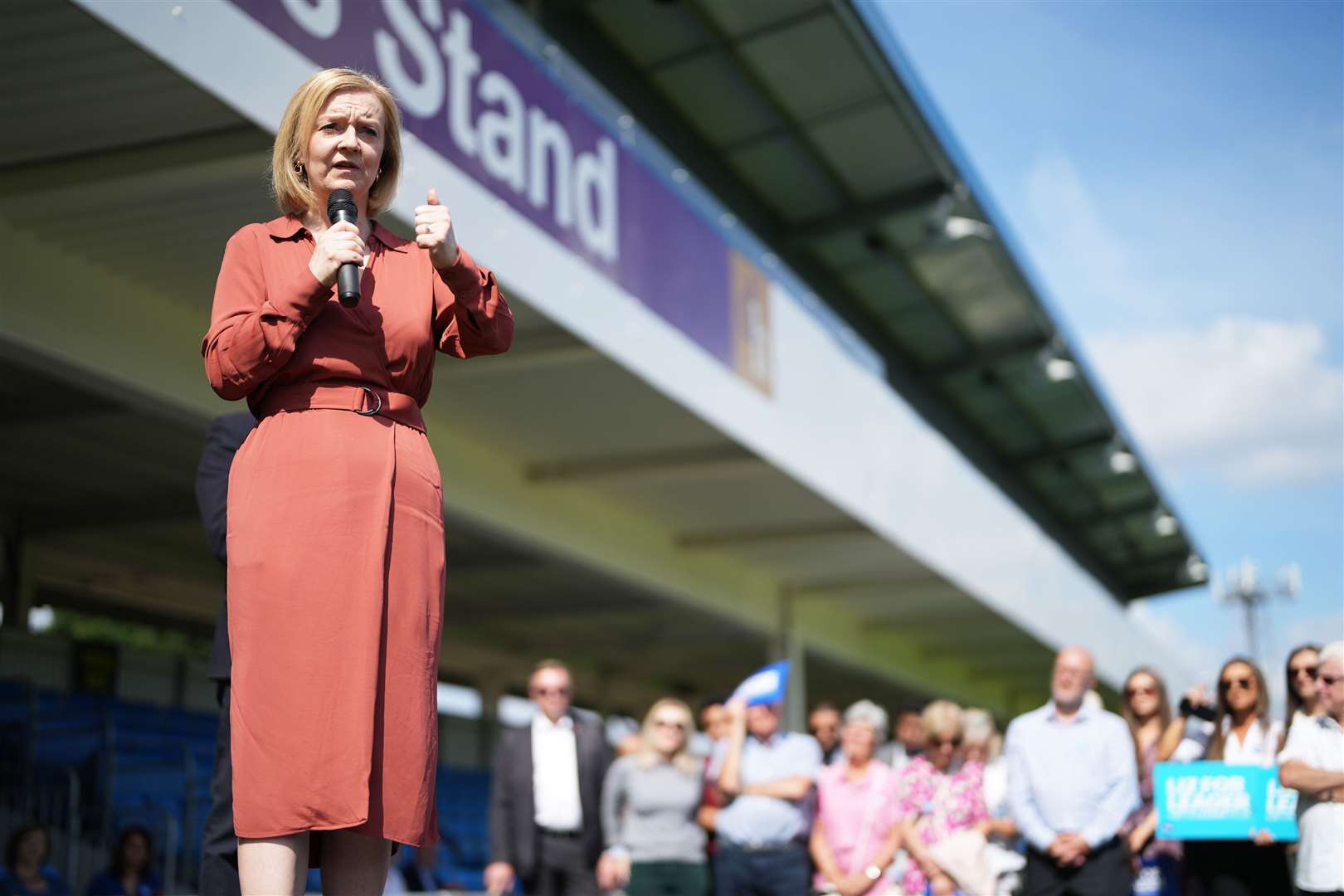 Liz Truss speaks at Solihull Moors FC as part of her leadership campaign (Jacob King/PA)