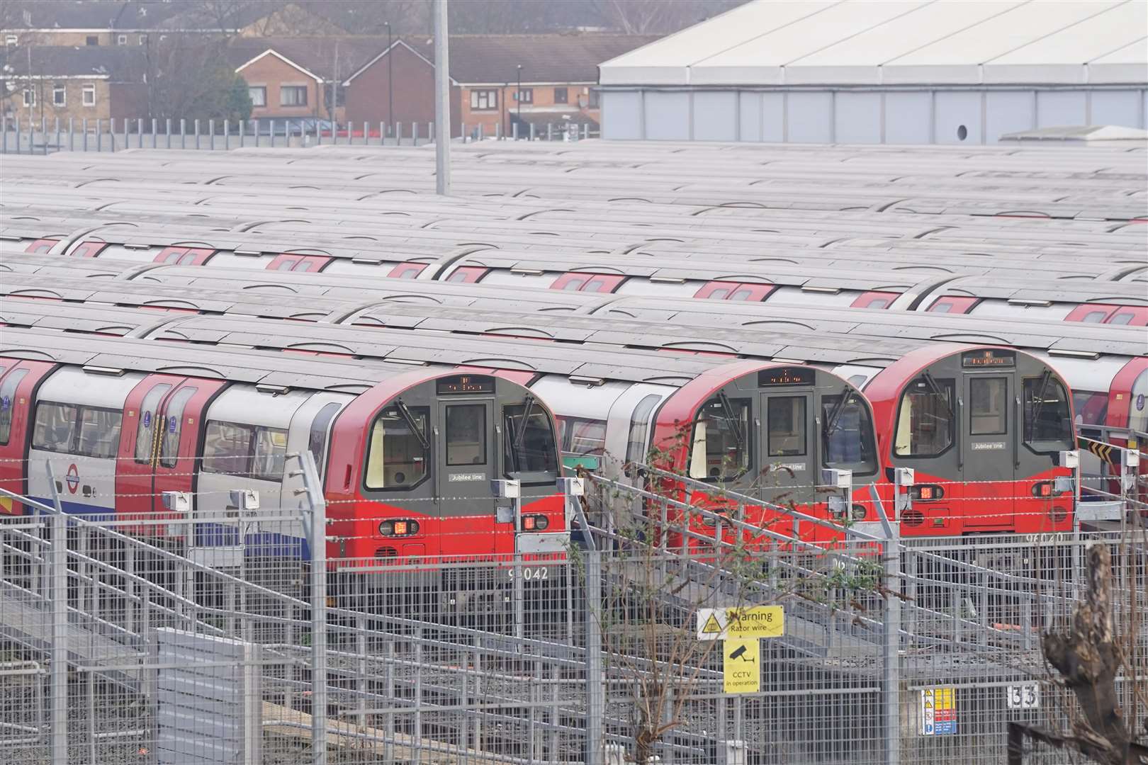 Trains parked at the London Underground Stratford Market Depot (Stefan Rousseau/PA)