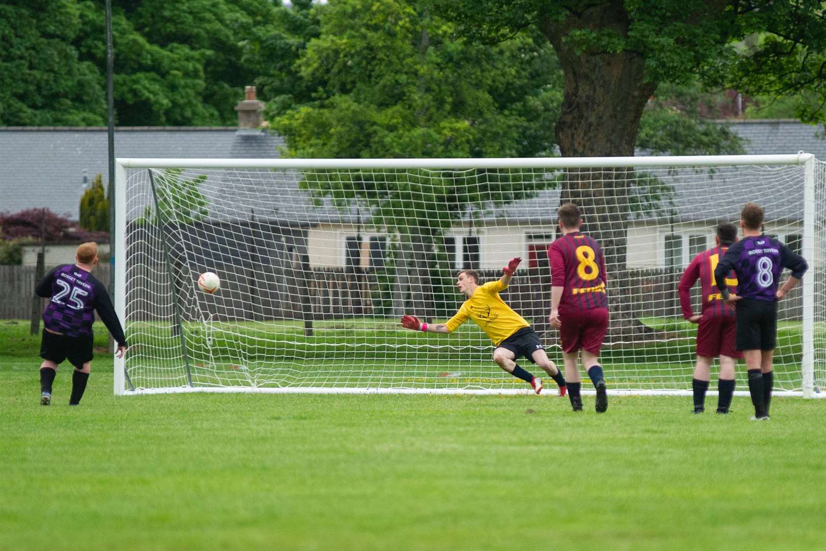 Fraser Thom fires home a Mosset penalty earlier this season - his hat-trick helped the Forres club reach the cup semis. Picture: Daniel Forsyth..