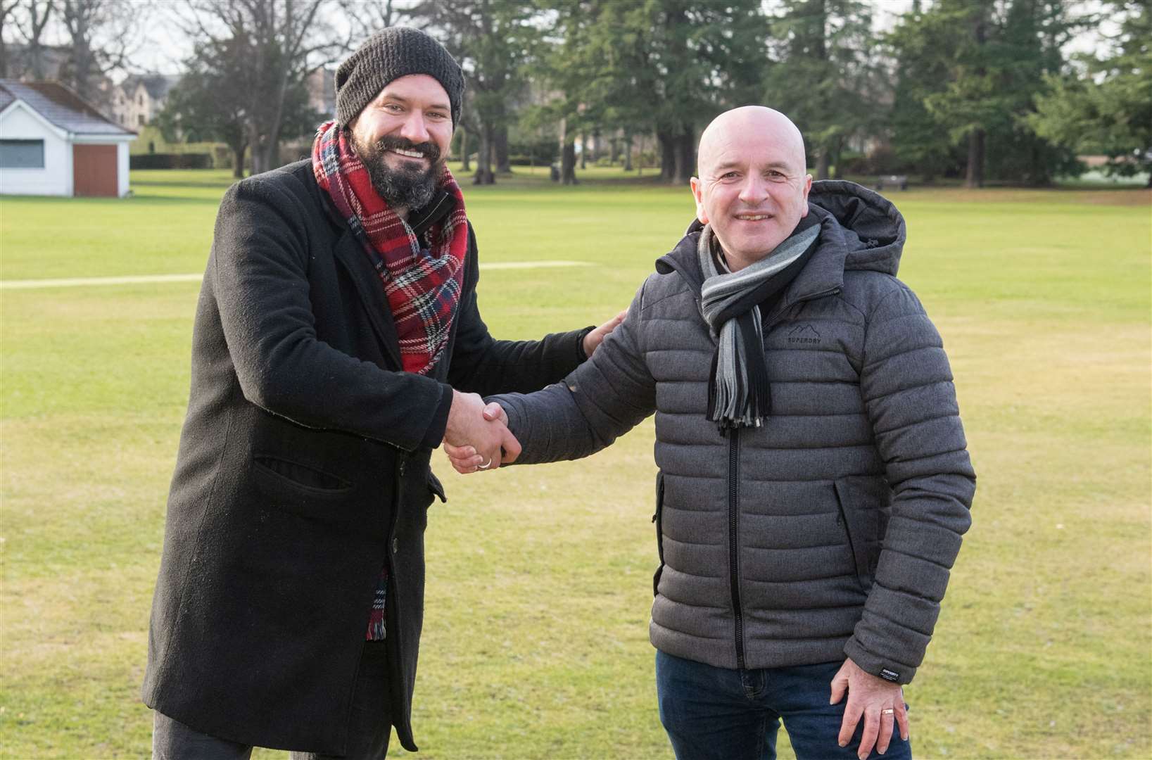 Andy MacDonald (left) has brought piping back to Forres' Grant Park as the British Pipe Band Championships are set to be annouced for the Moray town this year. Andy is joined by Royal Scottish Pipe Band Association's CEO Colin Mulhern (right)...Picture: Daniel Forsyth..
