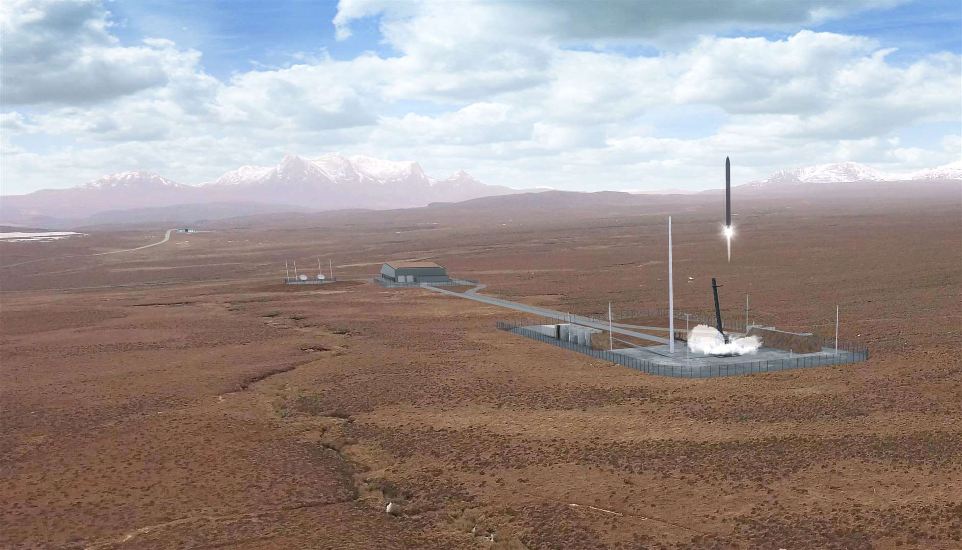A visualisation of satellites being launched into orbit from the proposed space hub in Sutherland.