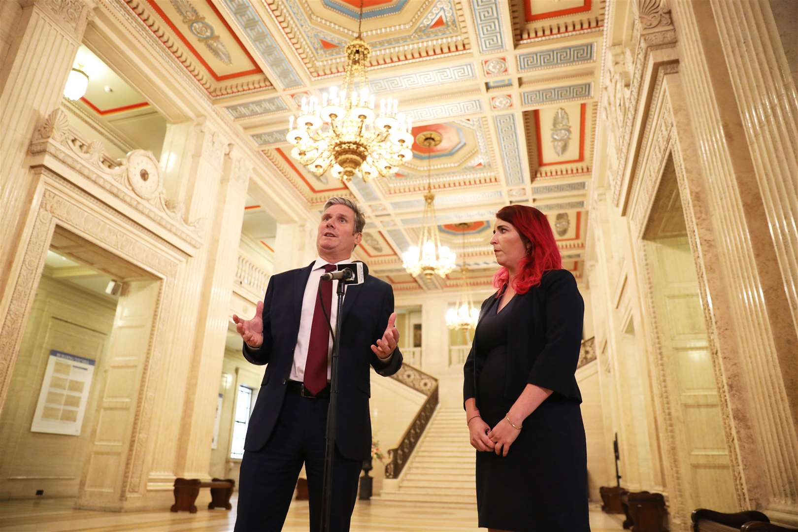 Labour Party leader Sir Keir Starmer with shadow Northern Ireland secretary Louise Haigh at the Parliament Buildings at Stormont during a visit to Belfast (Peter Morrison/PA)