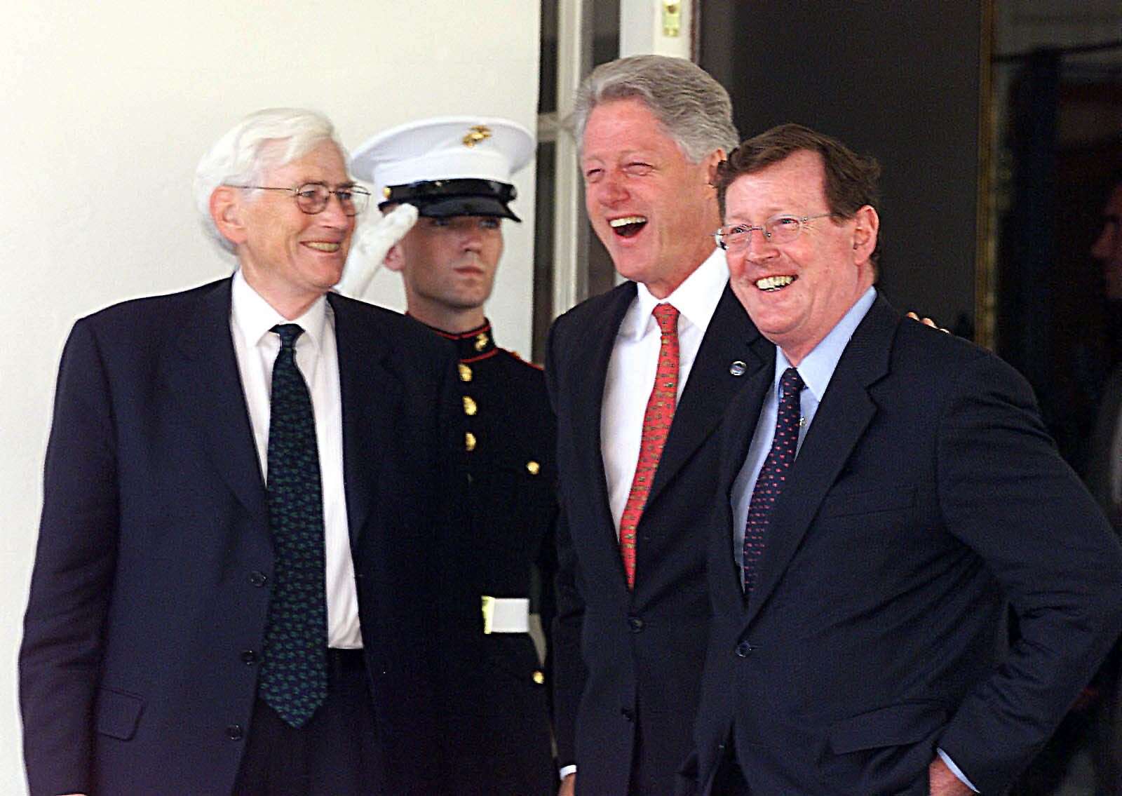 Former US president Bill Clinton jokes with Seamus Mallon and David Trimble when they visited the White House (Paul Faith/PA)