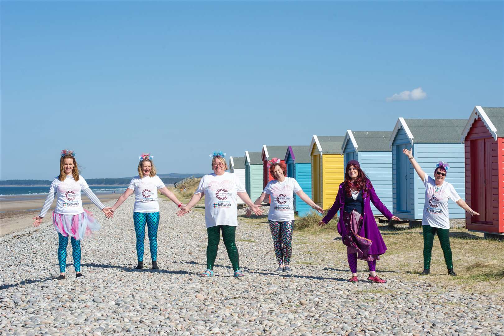 From left: Michelle Rodriguez, Moira Middleton, Debi Weir, Debbie Kelly, Dee Ryan-Glass and Sue Dominey at Findhorn Beach Huts. Picture: Daniel Forsyth.