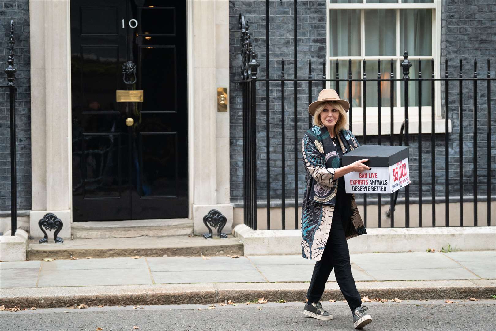 Actress Dame Joanna Lumley hands in a petition to 10 Downing Street (Stefan Rousseau/PA)