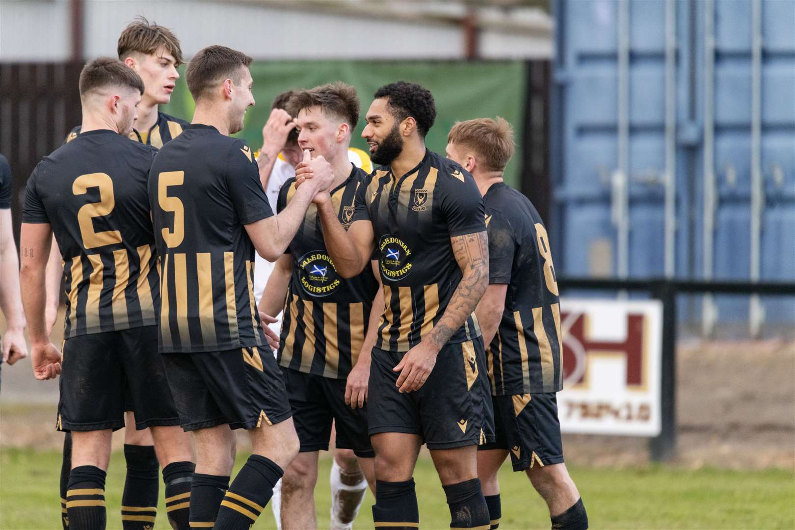 Huntly celebrates Robbie Foster's hat-trick. ..Huntly F.C. (3) v Forres Mechanics F.C. (0) at Christie Park, Huntly - Highland Football League 23/24. ..Picture: Beth Taylor.