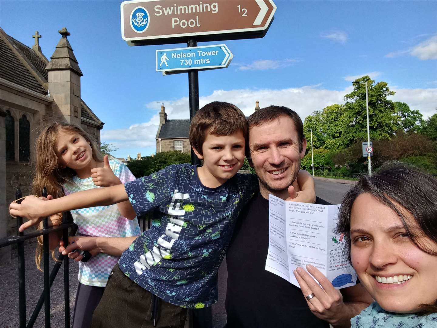 Having fun as they follow the Forres number trail challenge, are Emily and Paul Pitcher, with children Seth and Cora.