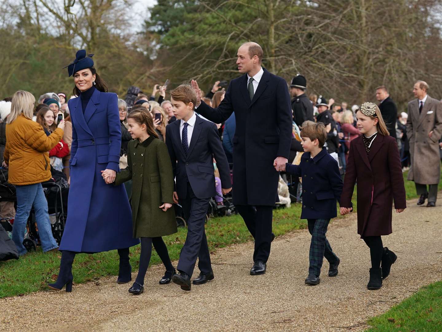 Christmas Day saw the Prince and Princess of Wales out with their children, Princess Charlotte, Prince George and Prince Louis who held hands with Mia Tindall as they walked to church (Joe Giddens/PA)
