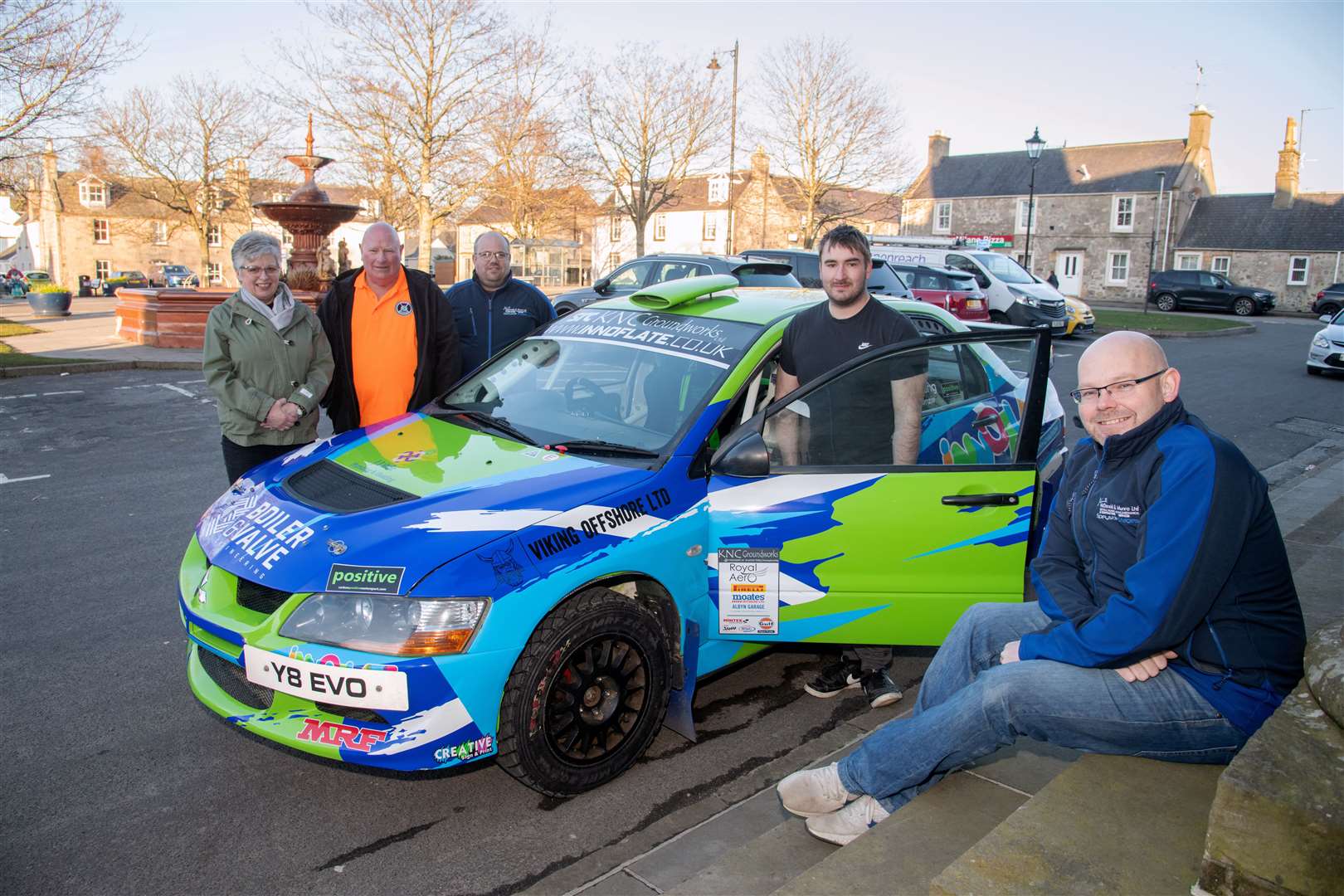 From left; Liz Rennie (Fochabers Village Assocation), Bert Grant, Andrew Little, Brett McKenzie and Neil Shanks (Rally Clerk of the Course)...The 25th McDonald & Munro Speyside Stages will start in Fochabers Square. ..Picture: Daniel Forsyth..