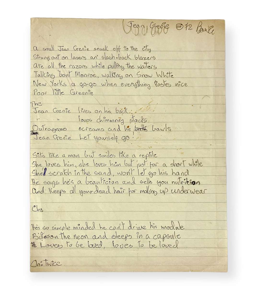 The handwritten lyrics to The Jean Genie (Omega Auctions/PA)