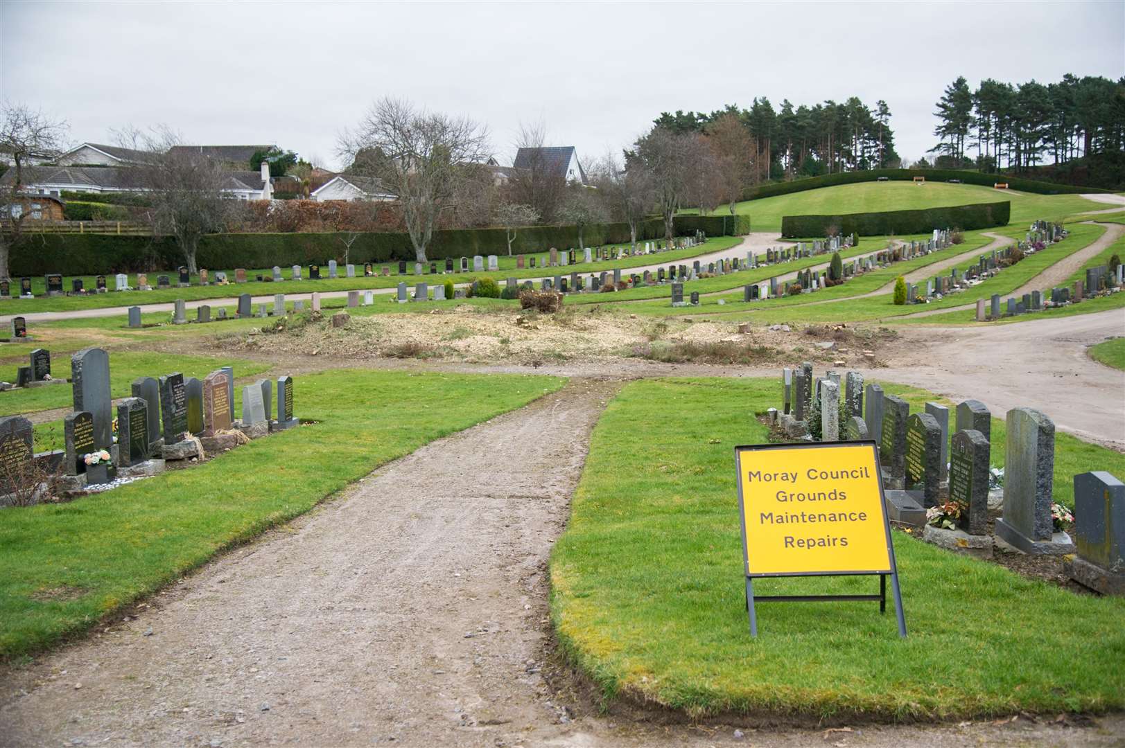 Site clearance in advance of the anticipated drainage solution will prevent birds from nesting and potentially delaying the work. Moray Council's team will put in replacement trees around the perimeter of the cemetery during the winter.