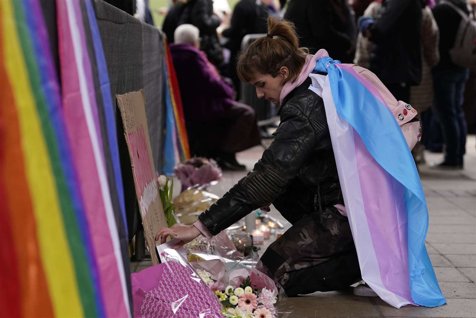 Tributes left in Old Market Place in Warrington in memory of transgender teenager Brianna Ghey (Danny Lawson/PA)