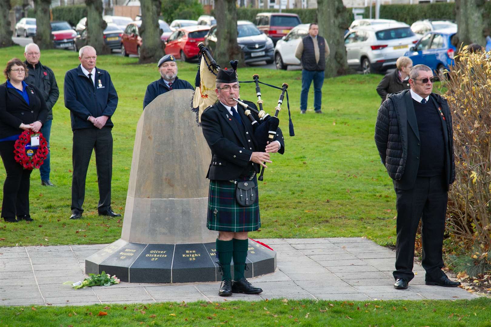 Gordon Roy, the Forres Pipe Band Pipe Major, plays during the short service...Remembrance Sunday 2020...Picture: Daniel Forsyth..