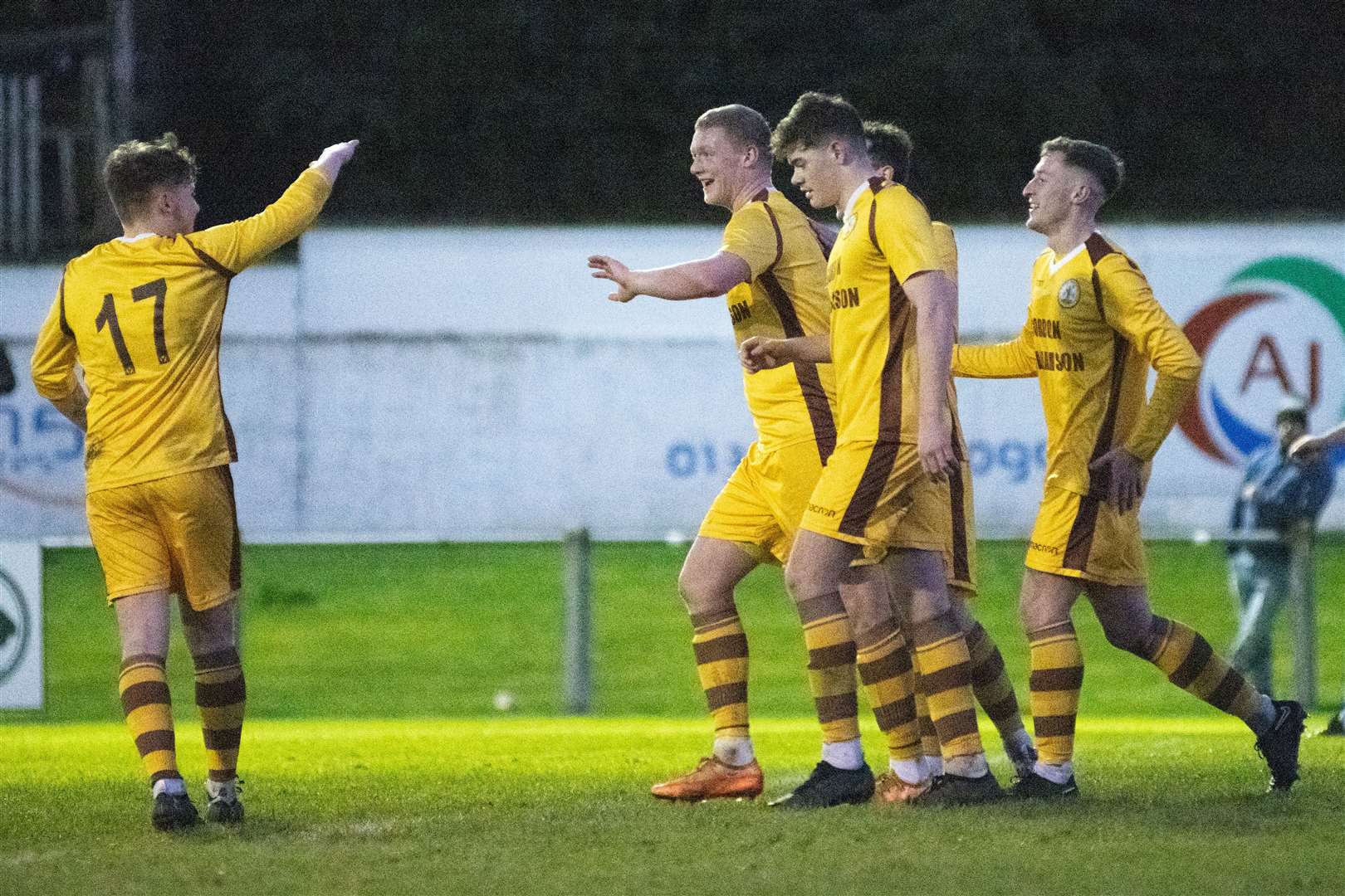 Forres Mechanics' Lee Fraser celebrates his second and Forres' sixth goal of the afternoon...Forres Mechanics FC (8) vs Strathspey Thistle FC (1) - Highland Football League 22/23 - Mosset Park, Forres 07/01/23...Picture: Daniel Forsyth..