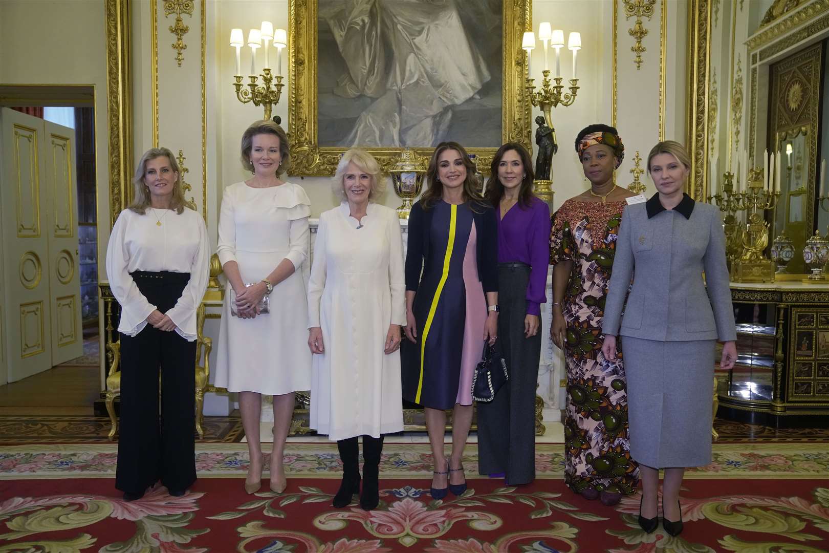 The Countess of Wessex, Queen Mathilde of Belgium, the Queen Consort, Queen Rania of Jordan, Crown Princess of Denmark, First Lady of Sierra Leone Fatima Maada Bio, and the First Lady of Ukraine Olena Zelenska (Kin Cheung/PA)