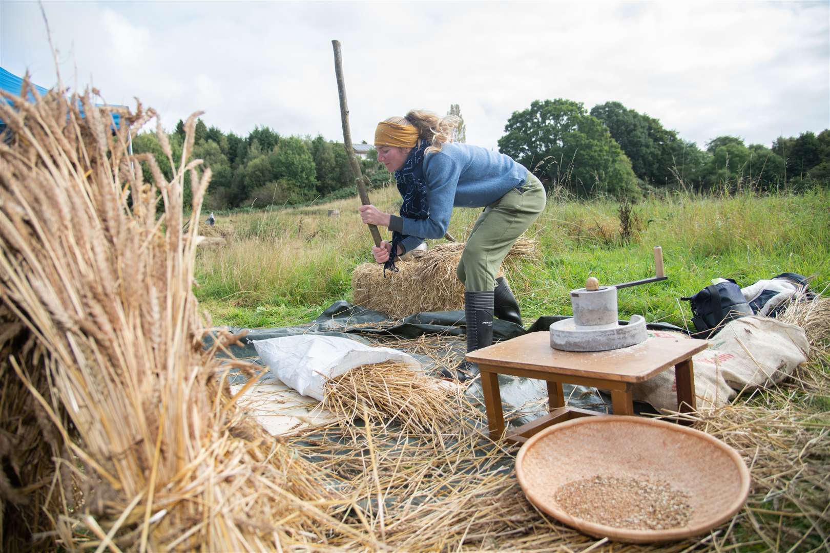 Annie Aldan has a go at the start of the threshing harvest process...Forres Friends of Woods and Fields open harvest day at Chapleton Field. .. Picture: Daniel Forsyth..
