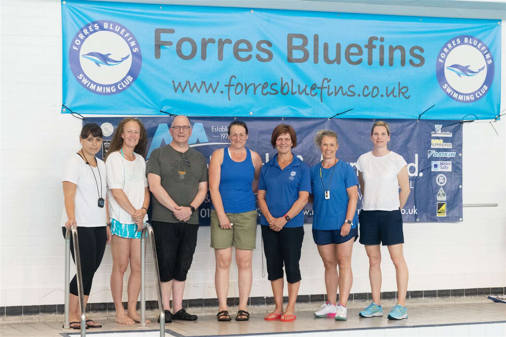 Bluefins coaches from left: Jodie Browne, Emma Barber, Grant Wright, Mandy Clinch, Karen MacBeath, Fiona Jones and Fiona Simmons. Picture: Beth Taylor
