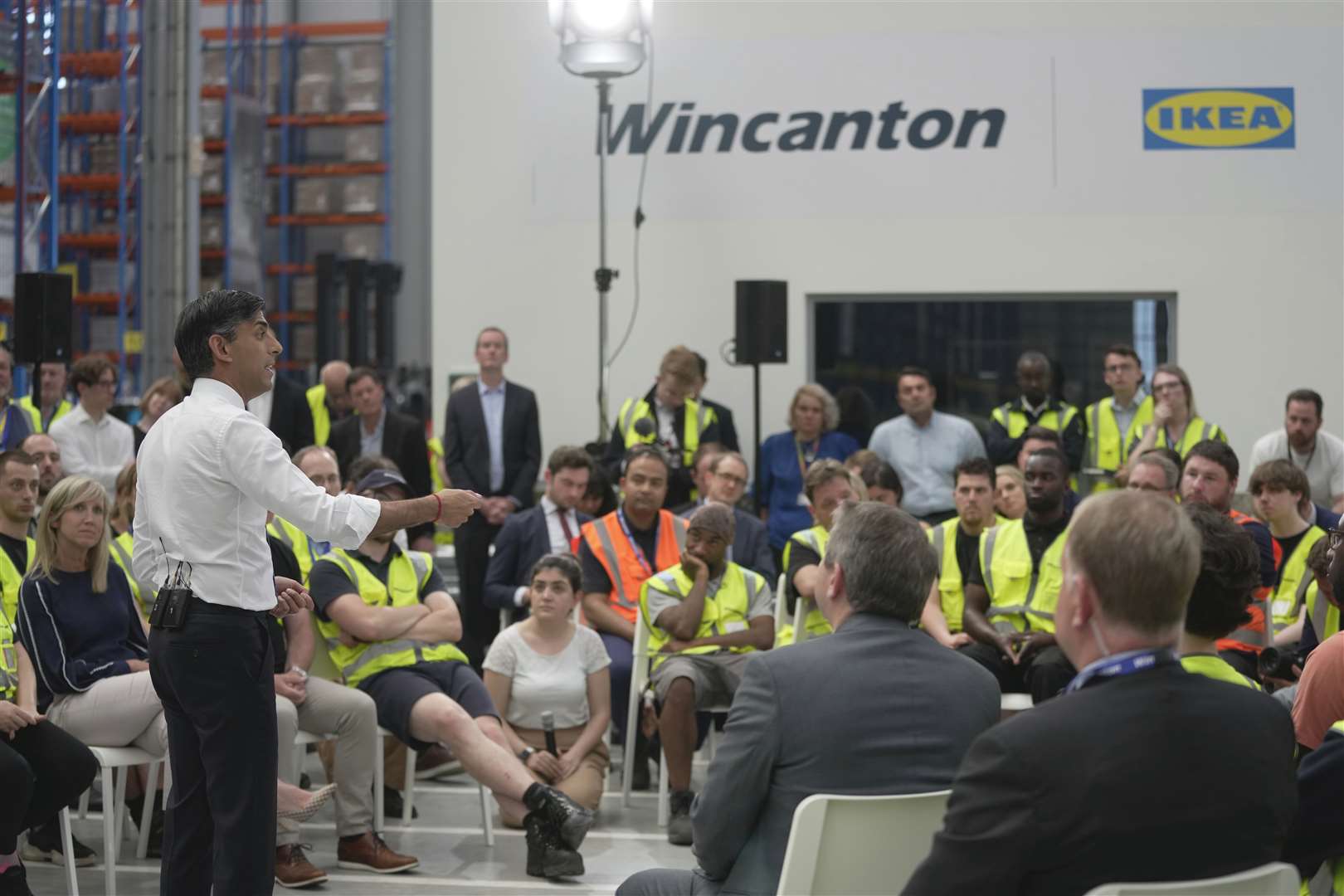 Rishi Sunak speaking at a PM Connect event at the Ikea distribution centre in Dartford, Kent (Kin Cheung/PA)