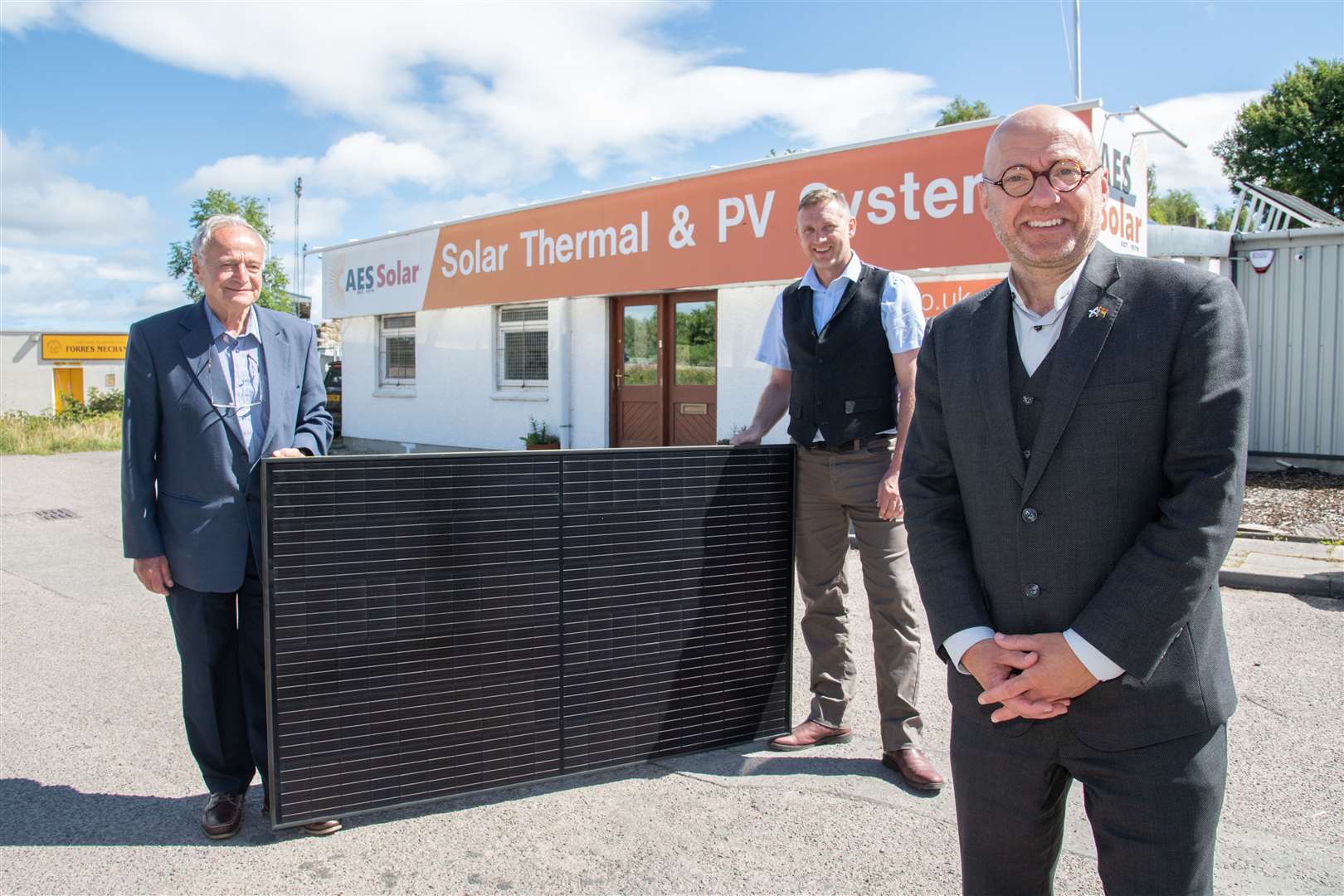Scottish Greens co-leader Patrick Harvie (right) visits AES Solar in Forres. He is joined by Campbell MacLennan (centre) and George Goudsmit (left)...Picture: Daniel Forsyth..