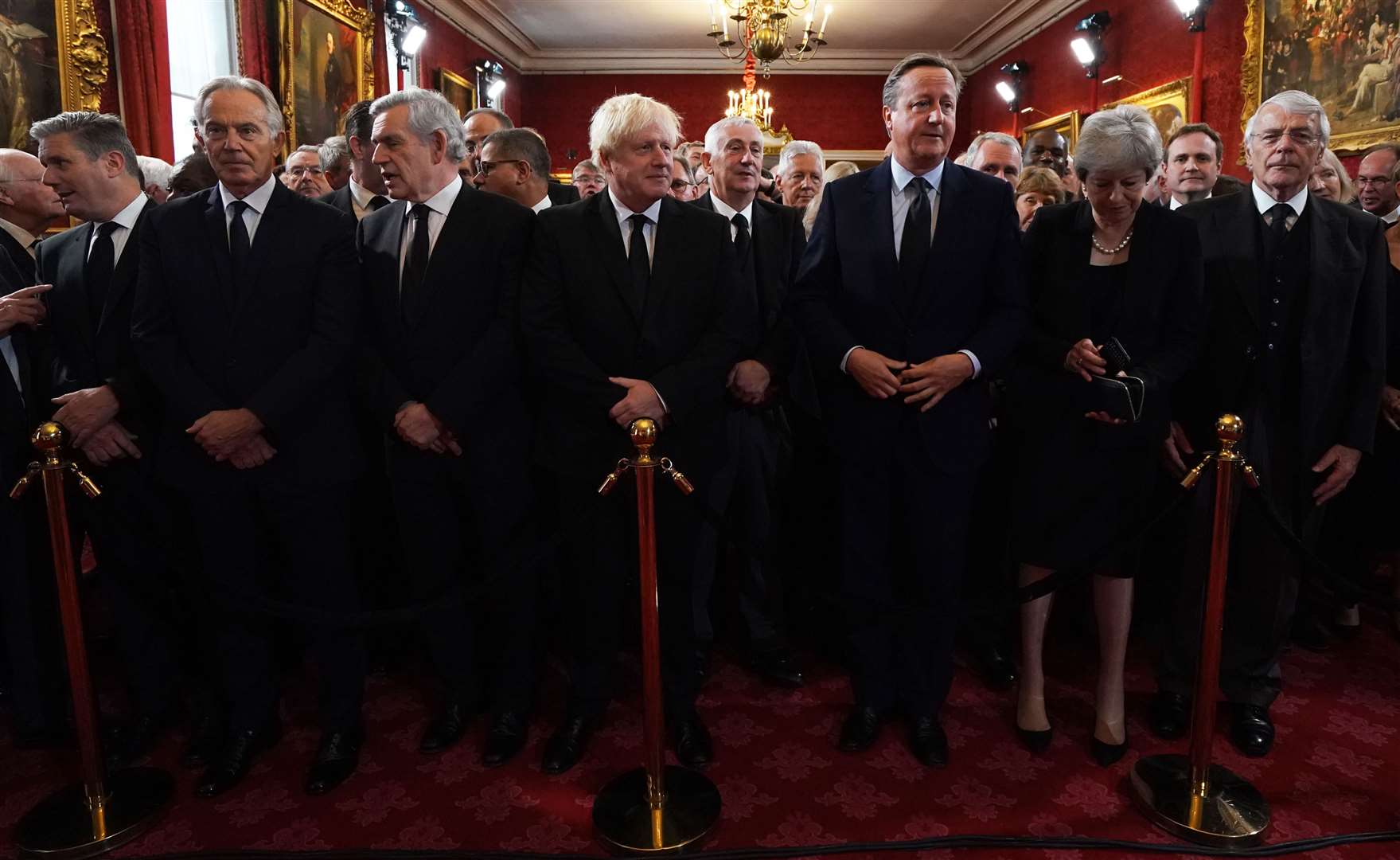 From left: Labour leader Sir Keir Starmer with former prime ministers Tony Blair, Gordon Brown, Boris Johnson, David Cameron, Theresa May and John Major at the Accession Council ceremony (PA)