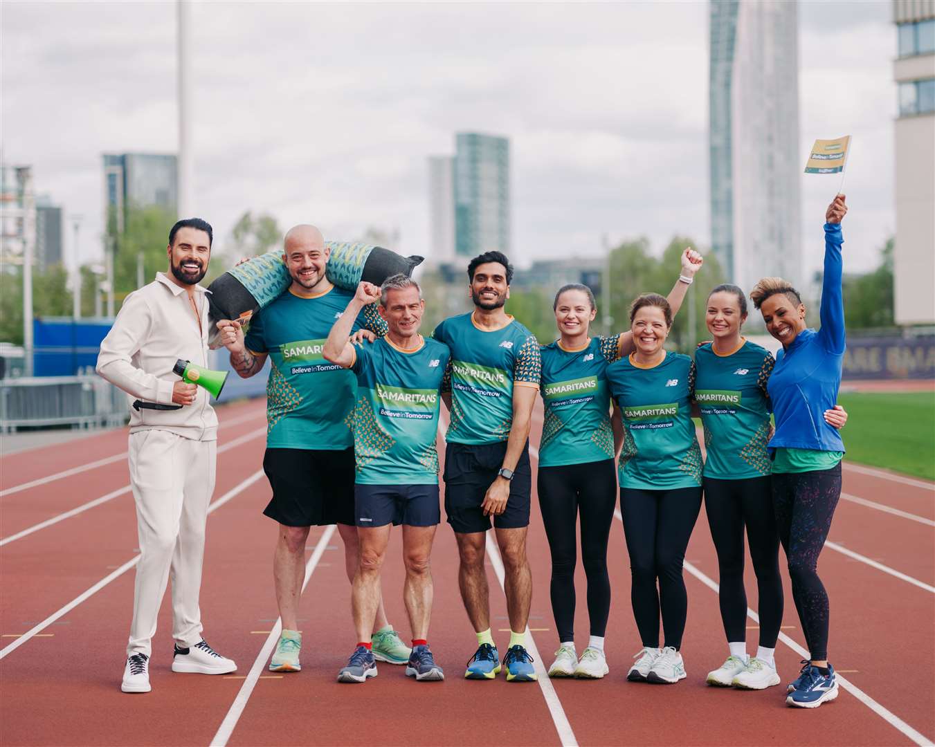 Rylan and Dame Kelly Holmes joined Samaritans runners at the London Marathon Community Track in Stratford, east London (Samaritans/Chris O’Donovan/PA)