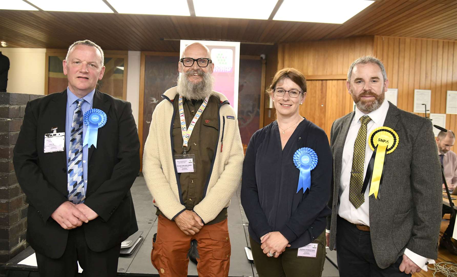 Forres Councillor Scott Lawrence (far right) has signed the open letter. He is pictured with Conservative members for Forres Paul McBain (left) and Kathleen Robertson, and Green Draeyk Van Der Horn, who is not one of the 13 councillors to threaten a vote of no confidence in Cllr Marc Macrae.