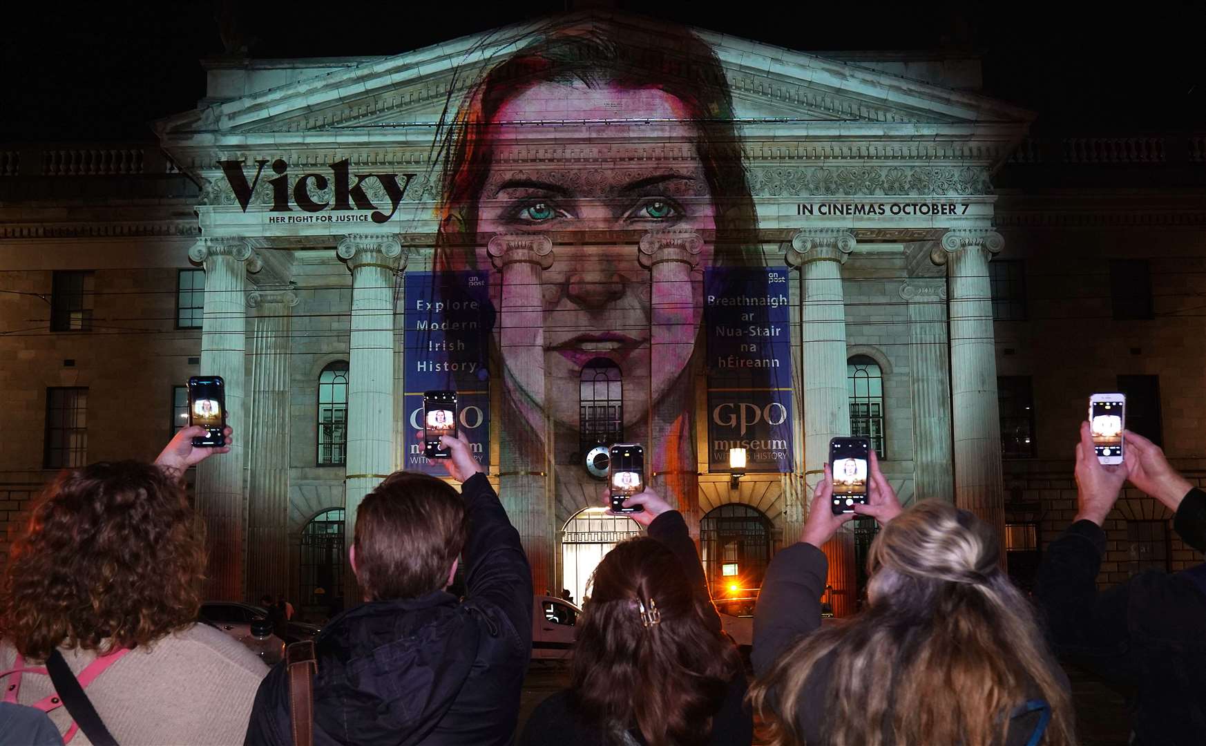 A digital artwork of cervical cancer campaigner Vicky Phelan is projected onto the GPO in Dublin ahead of the launch of a feature documentary about her life (Brian Lawless/PA)